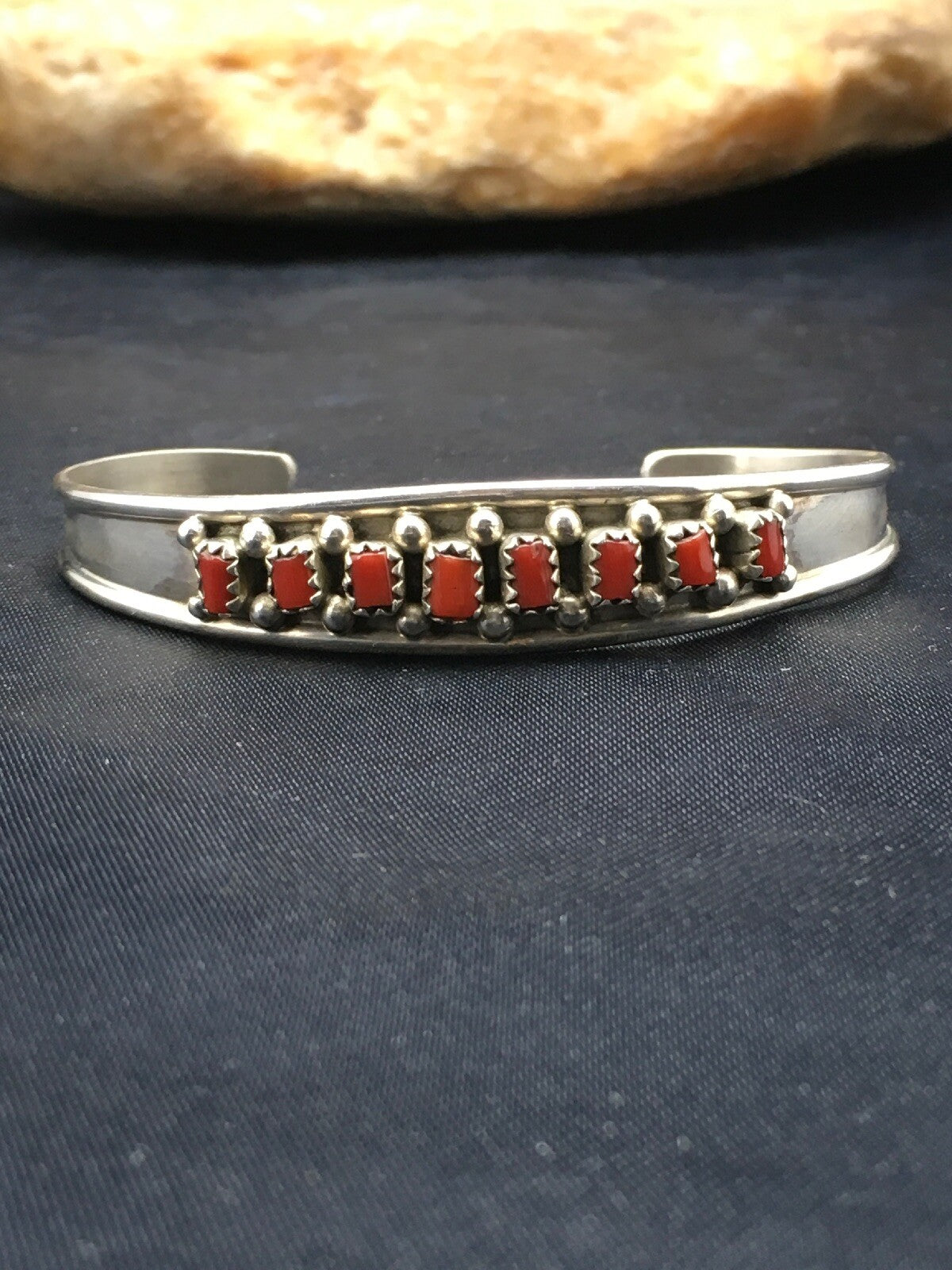 Native American Indian Coral Petite Navajo Sterling Silver Bracelet 04027