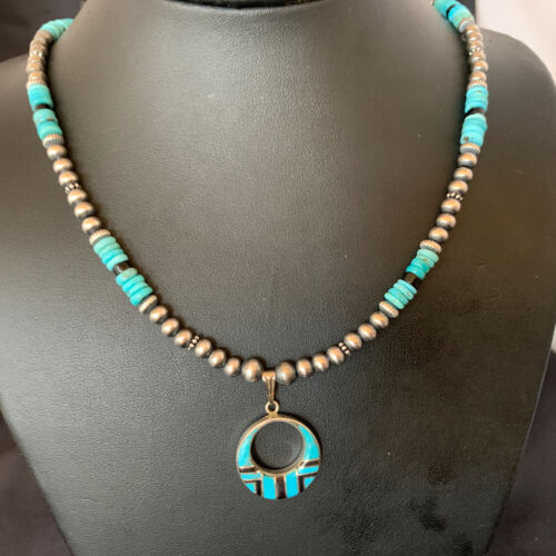 Blue Turquoise Inlay Pendant Navajo Pearls Sterling Silver Necklace 12615