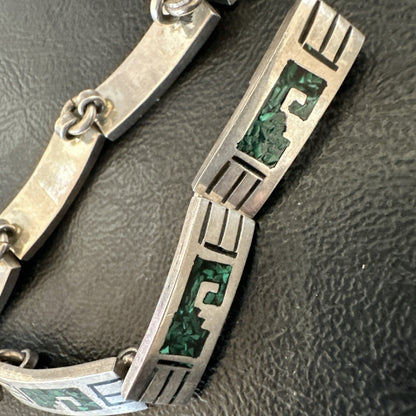 Taxco Turquoise Chip Inlay Sterling Silver Choker Old Pawn Bracelet 7” 19795