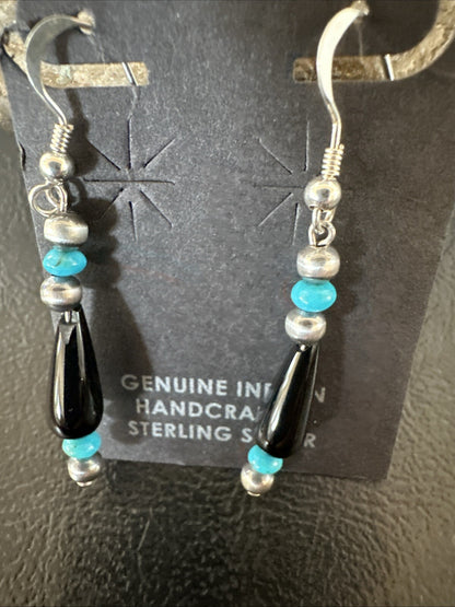 Navajo Sterling Silver Blue Turquoise Black Onyx Bead Dangle Earrings 18645