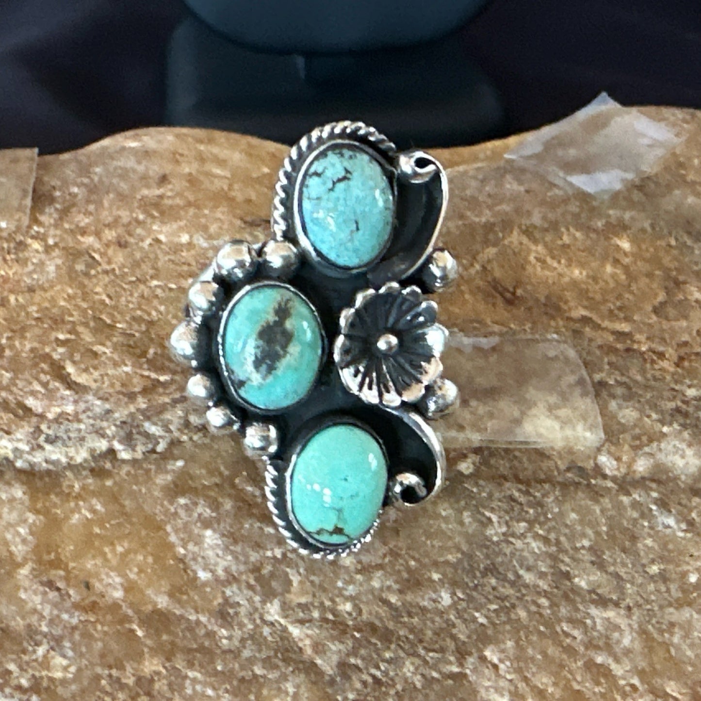 Yazzie Ring Green Turquoise Navajo Sterling Silver Cluster Size 8.5 19215
