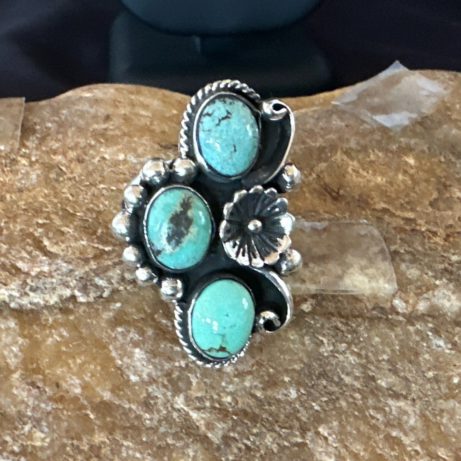 Yazzie Ring Green Turquoise Navajo Sterling Silver Cluster Size 8.5 19215