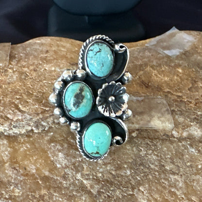Yazzie Ring Green Turquoise Navajo Sterling Silver Cluster Size 8.5 19215