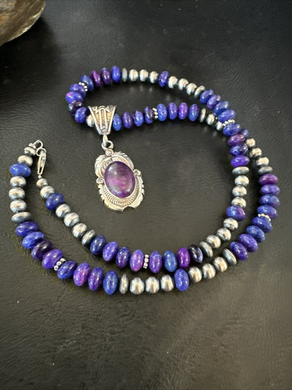 Purple Stone Pendant Navajo Pearls Sterling Silver Necklace 21” 18034