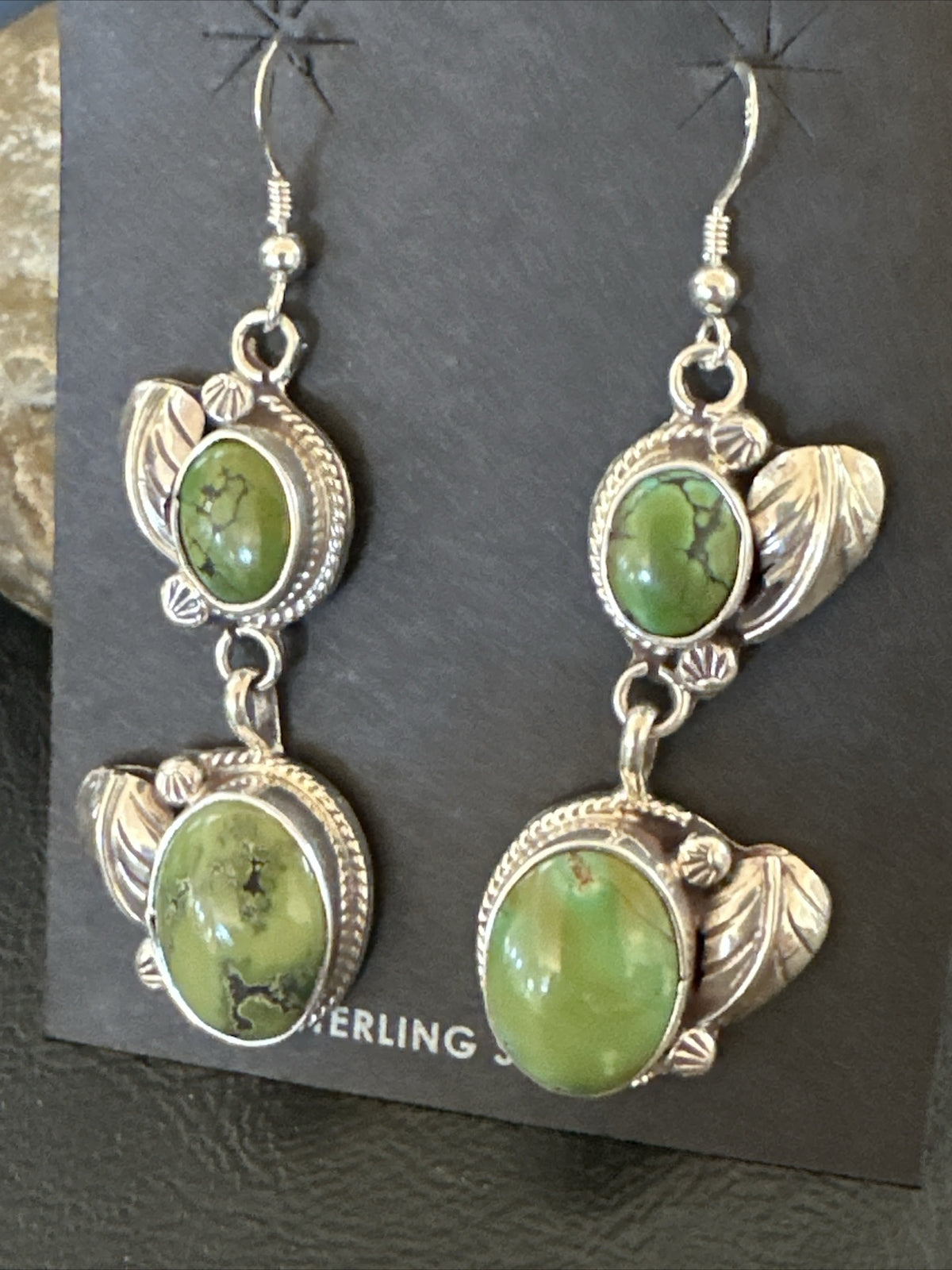 Native Navajo Green Turquoise Sterling Silver Dangle Earrings 2” 17699