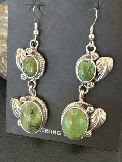 Native Navajo Green Turquoise Sterling Silver Dangle Earrings 2” 17699