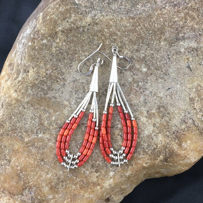 Red Coral 3 Strands Heishi Liquid Sterling Silver Dangle Earrings 1977