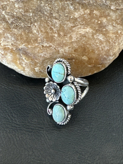 Yazzie Ring Blue Turquoise Navajo Sterling Silver Cluster Size 8 19220