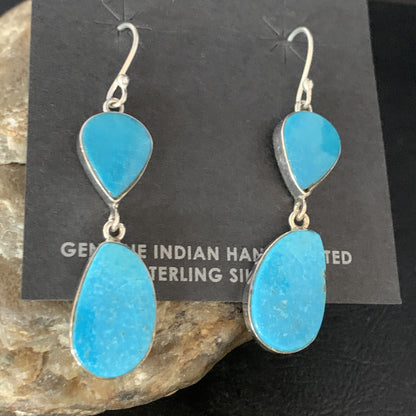 Kingman Turquoise Navajo Sterling Silver Dangle Earrings 1.5" 14105