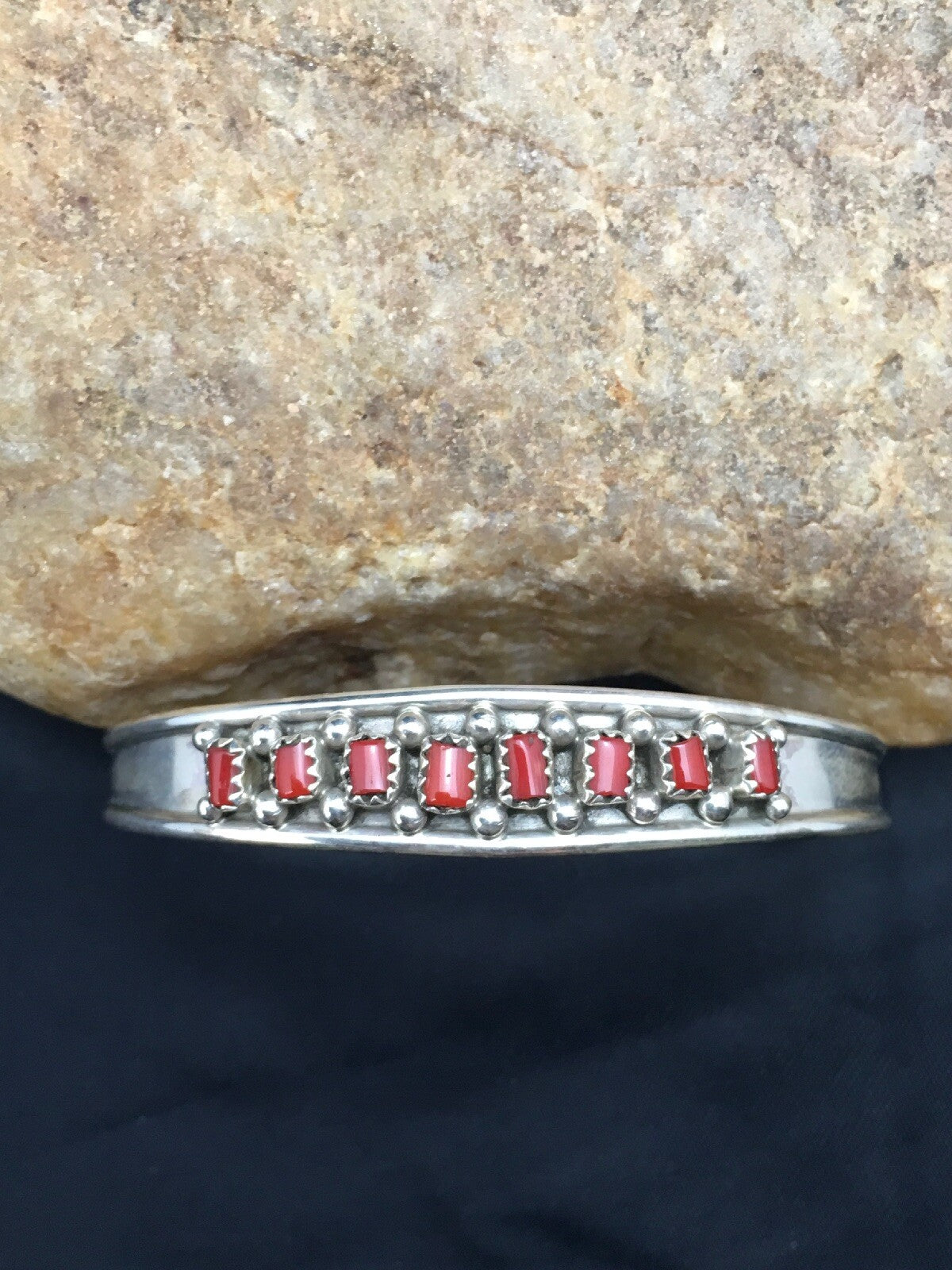 Native American Indian Coral Petite Navajo Sterling Silver Bracelet 04027