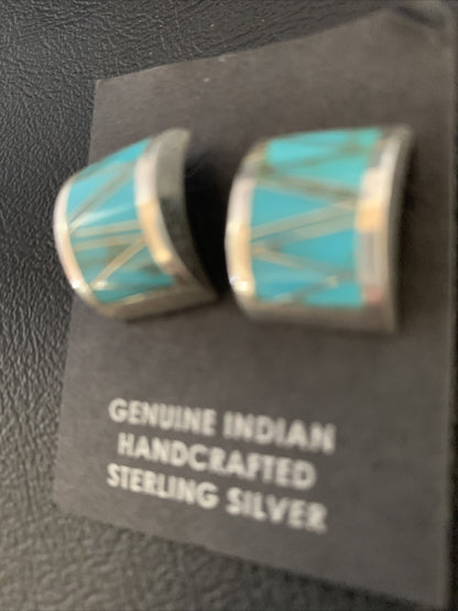 Womens Blue Turquoise Navajo Sterling Silver Stud Inlay Earrings 13107