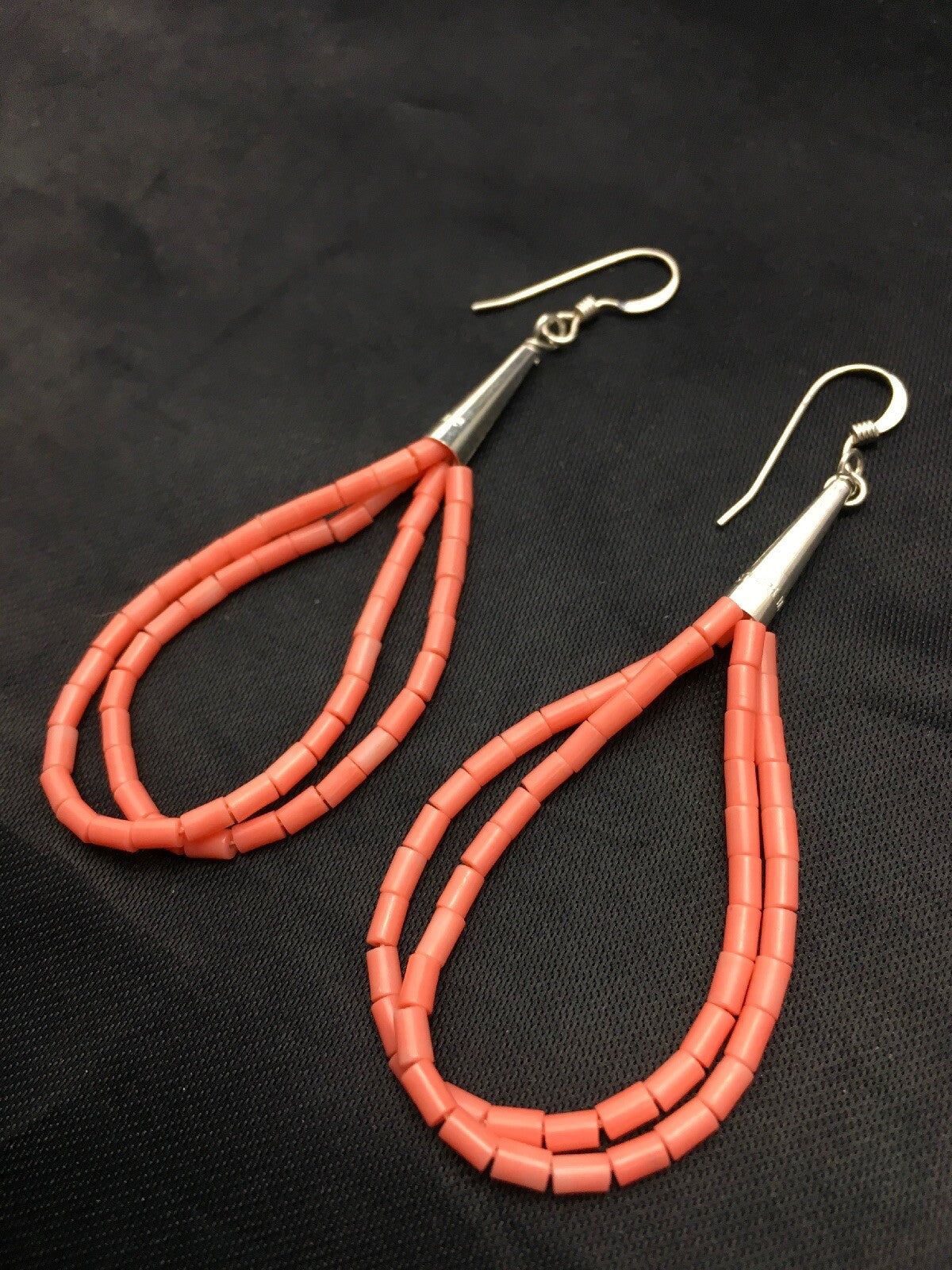 Pink Coral Heishi Liquid Sterling Silver Dangle 2 Strand Earrings 04398