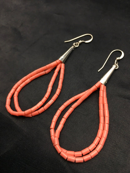 Pink Coral Heishi Liquid Sterling Silver Dangle 2 Strand Earrings 04398