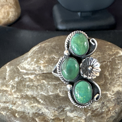 Yazzie Ring Green Turquoise Navajo Sterling Silver Cluster Size 8 19243