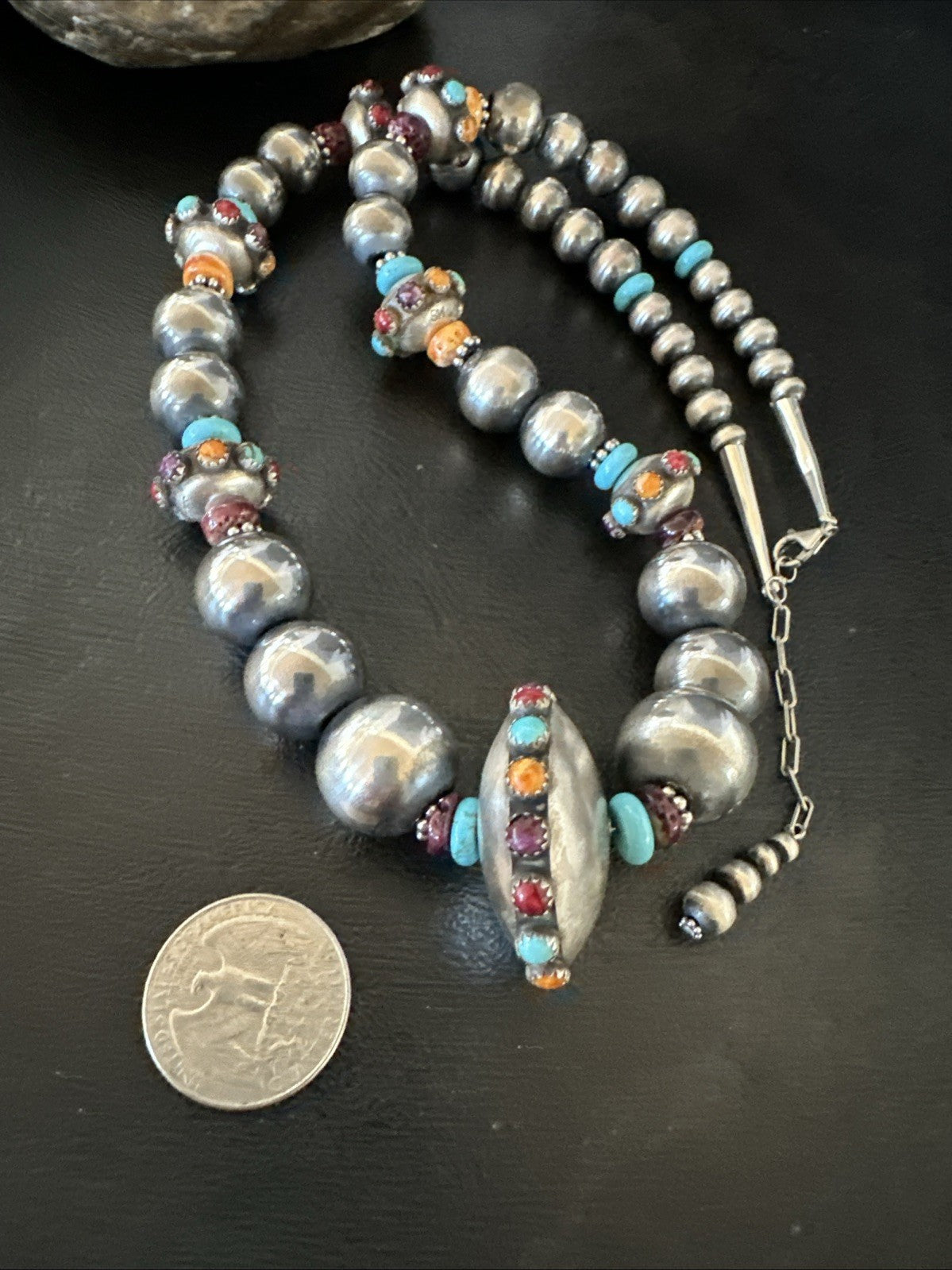 Multicolor Spiny Navajo Pearls Turquoise Sterling Silver Necklace 23” 19447