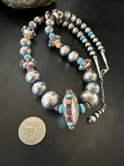 Multicolor Spiny Navajo Pearls Turquoise Sterling Silver Necklace 23” 19447