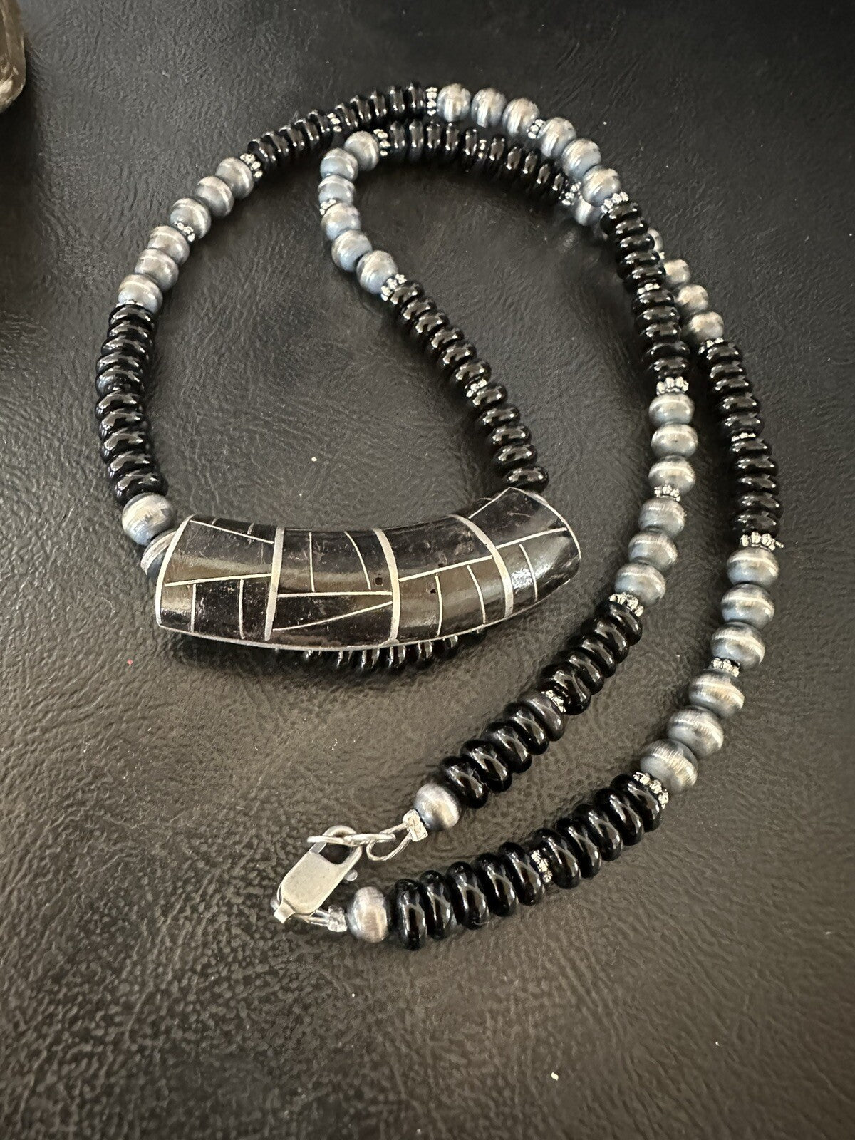Mens Womens Black Onyx Pendant Navajo Sterling Silver Beads Necklace 18330