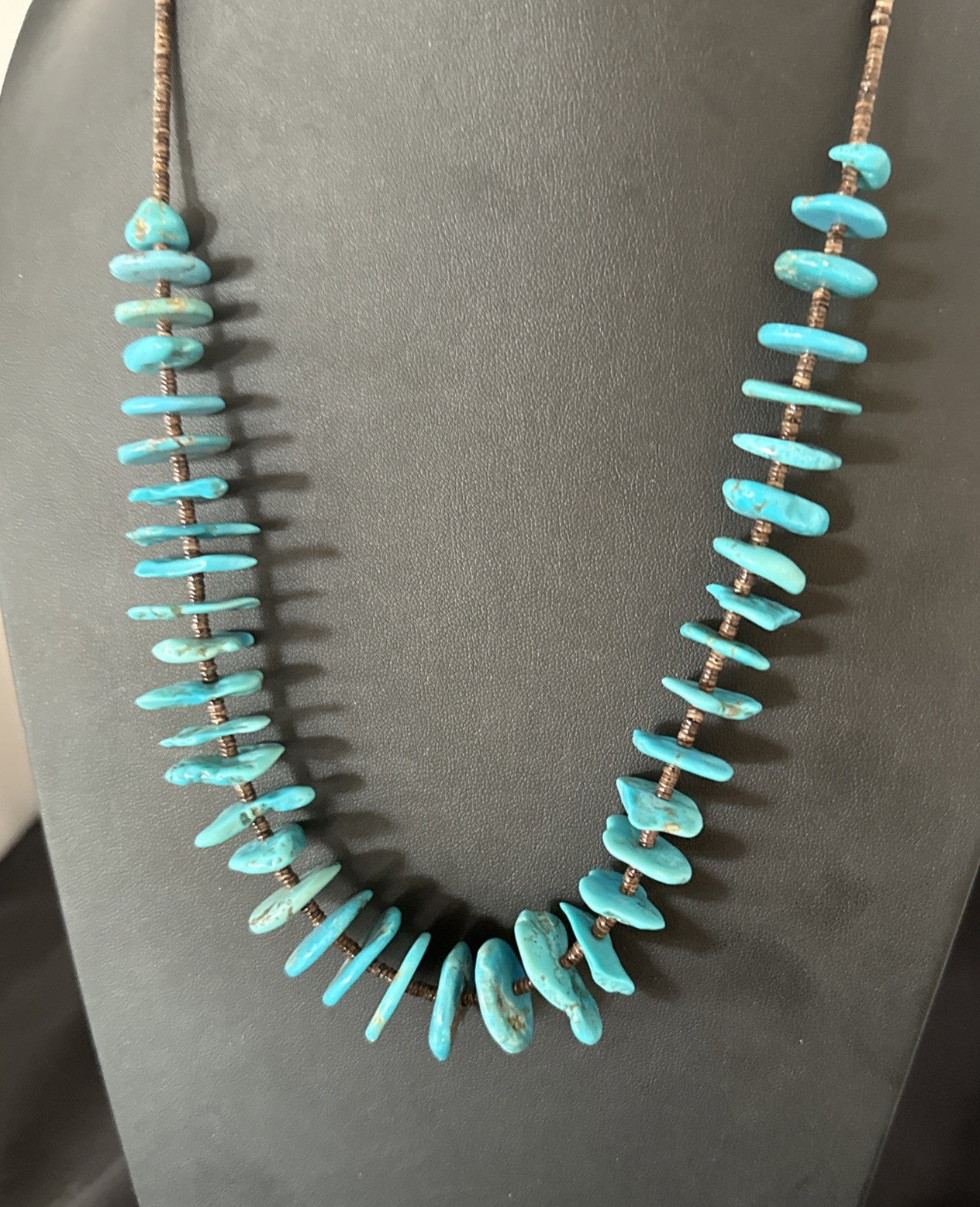 Navajo Kingman Turquoise Shell Heishi Sterling Silver Bead 24” Necklace 19633