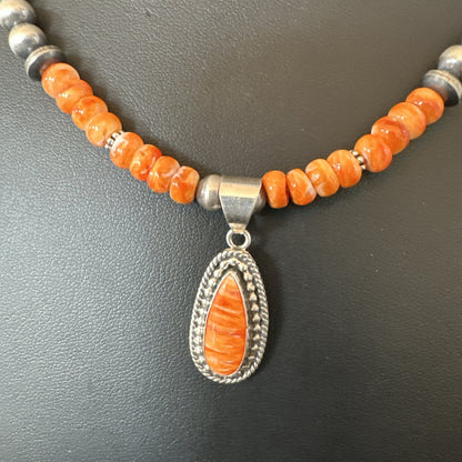 Orange Spiny Oyster Navajo Pearls Sterling Silver Necklace Pendant 18678