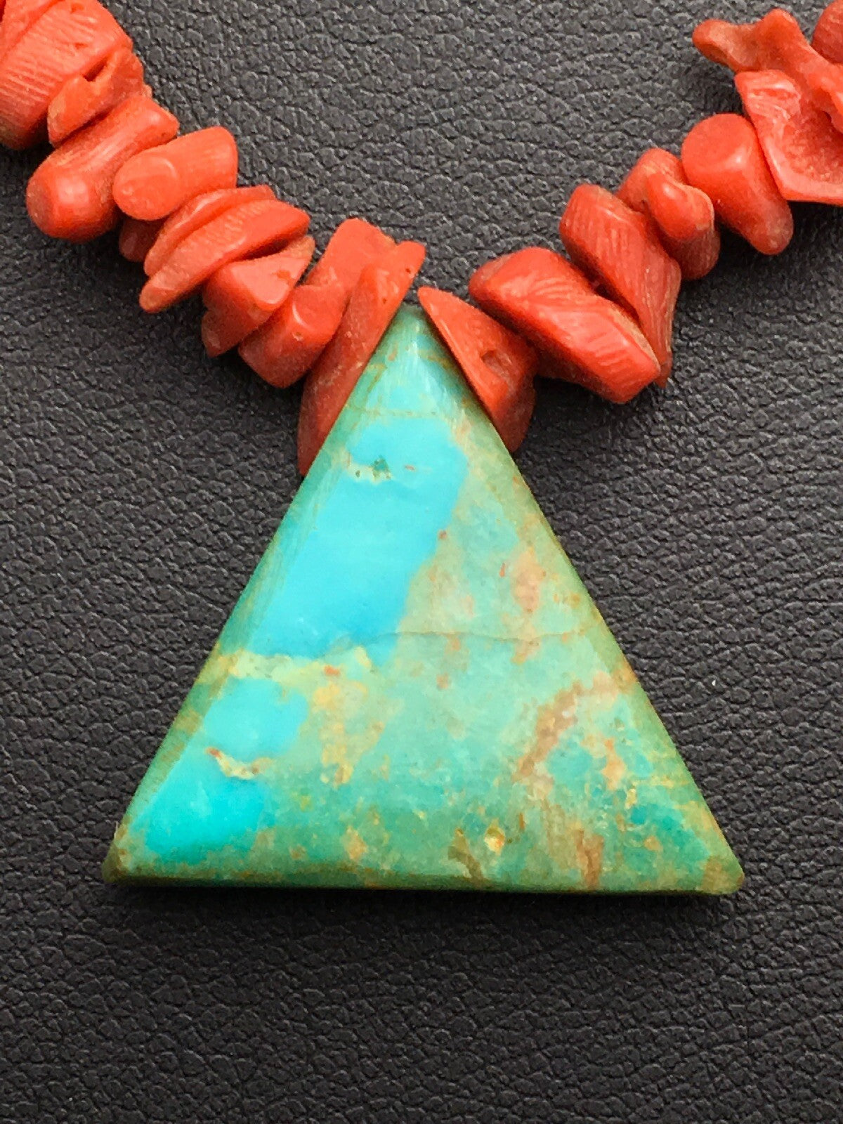 Kingman Turquoise Pendant Coral Sterling Silver Old Pawn Necklace 19" 4008