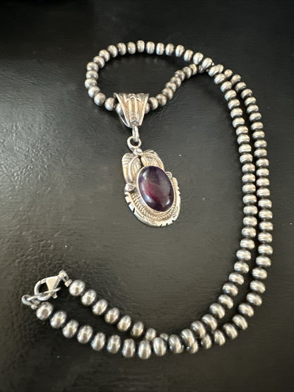 Purple Stone Pendant Navajo Pearls Sterling Silver Necklace 20” 18392