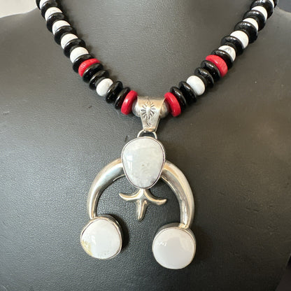White Buffalo Turquoise Naja Pendant Navajo Sterling Silver Onyx Necklace 17866