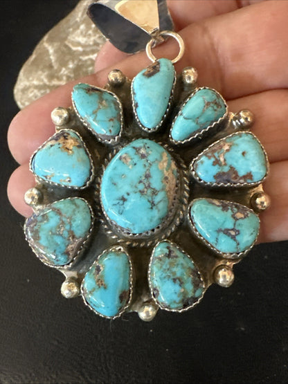 New Cluster  Blue Turquoise Navajo Sterling Silver Pendant 2.75” 19118