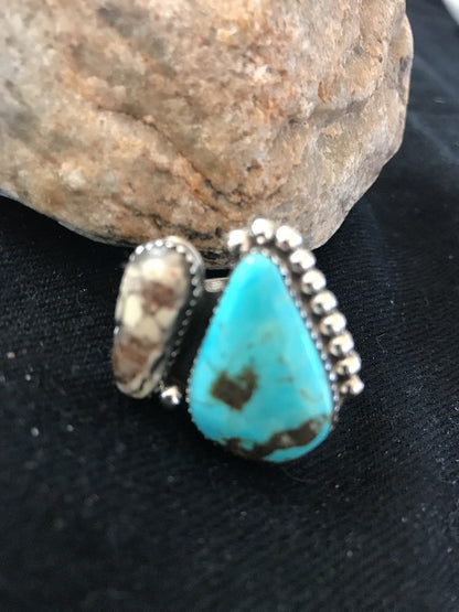 Crazy Horse & Blue Turquoise Navajo Indian Sterling Silver Ring Size 8 14698