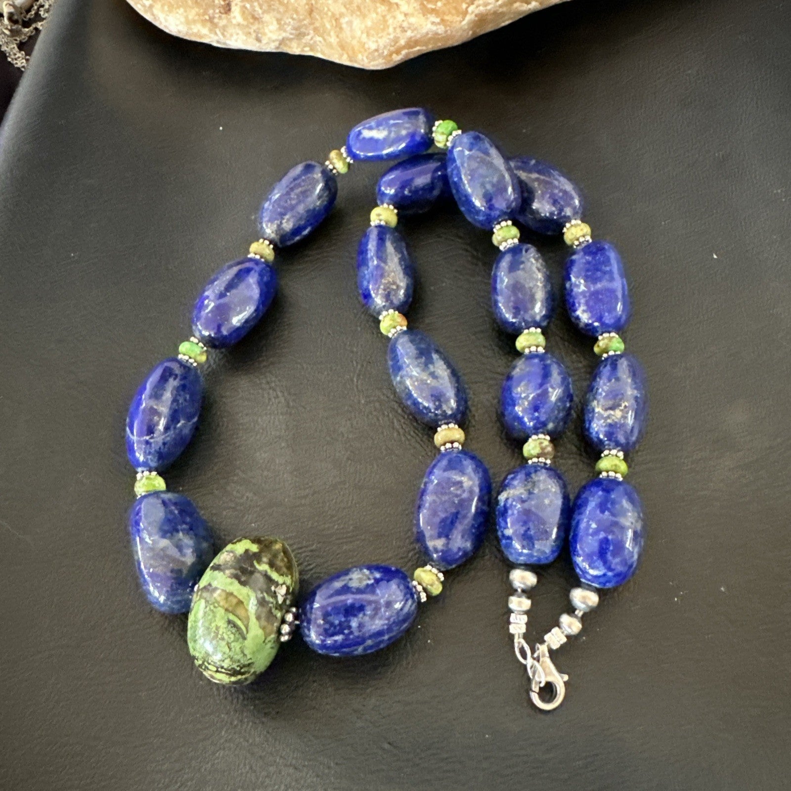 Green Turquoise Lapis Chunky Southwestern Sterling Silver Necklace 21” 19257