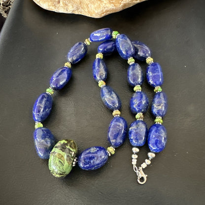 Green Turquoise Lapis Chunky Southwestern Sterling Silver Necklace 21” 19257