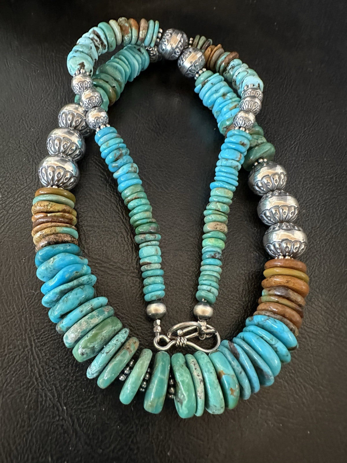 WoMens Blue Green Turquoise Navajo Sterling Silver Necklace 24” 19492