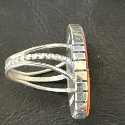 Women Orange Red Spiny Oyster Navajo Sterling Silver Ring Sz 8.5 17798