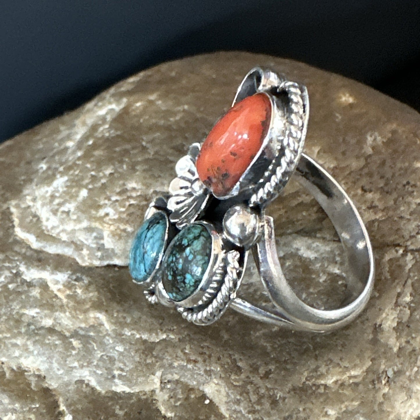 Multicolor Ring Turquoise Coral Spiny Navajo Sterling Silver Cluster Sz 10 19194