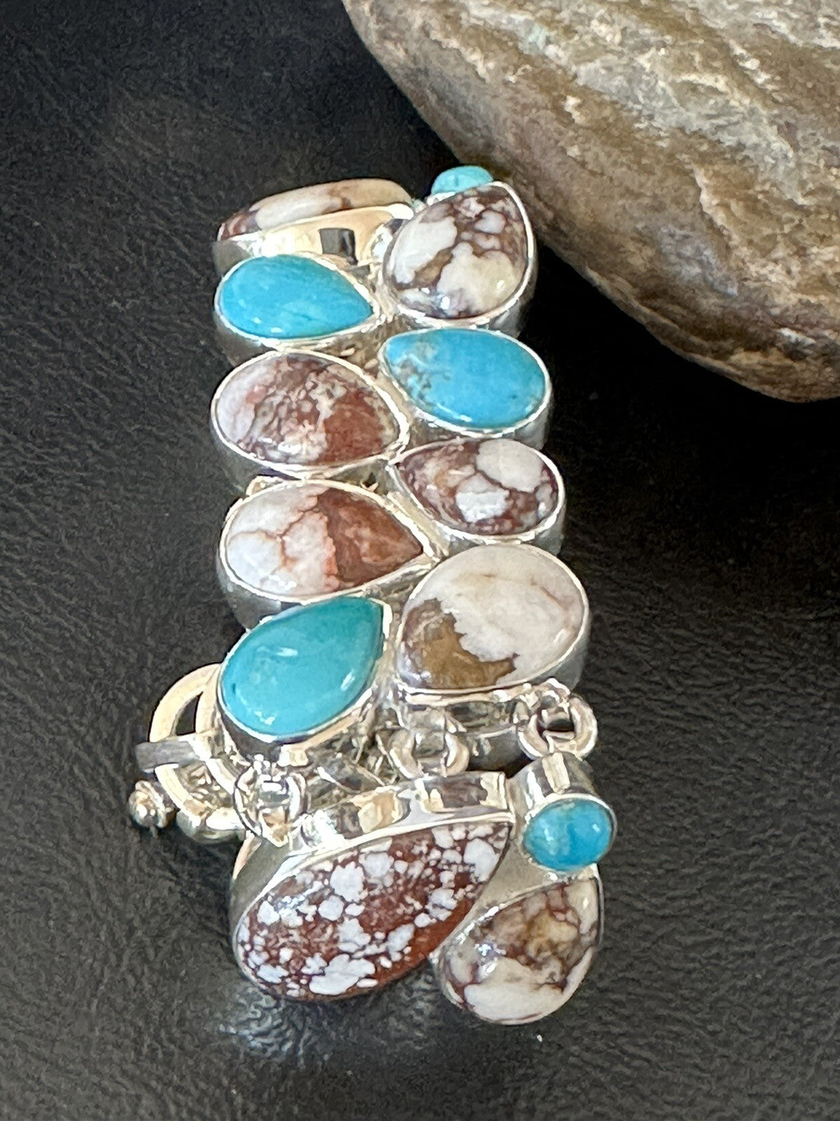 WoMen Blue Wild Horse Turquoise Sterling Silver Southwestern Link Bracelet 17973