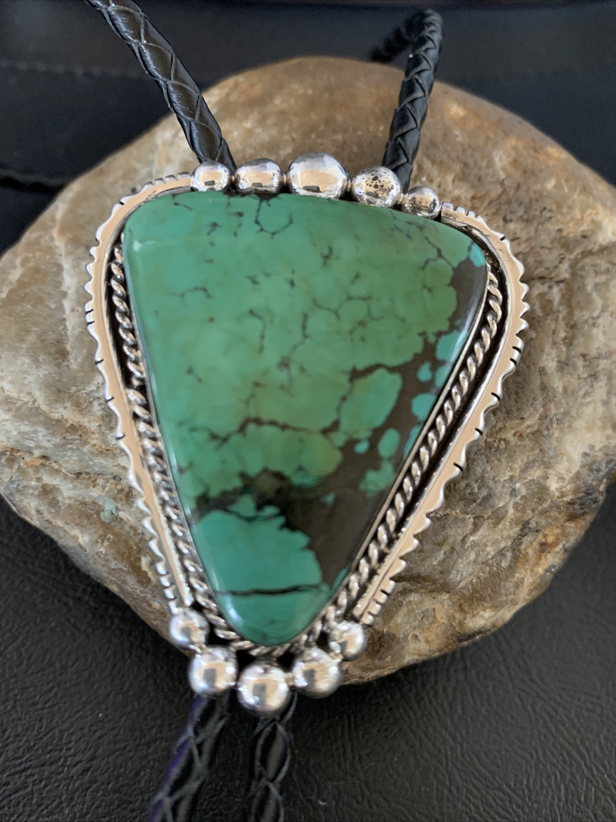 Native Mens Green Spider Web Turquoise Navajo Sterling Silver Bolo Tie 12904