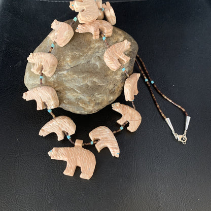 Bear Fetish Navajo Jasper Turquoise Sterling Silver Shell Necklace 28" 13419