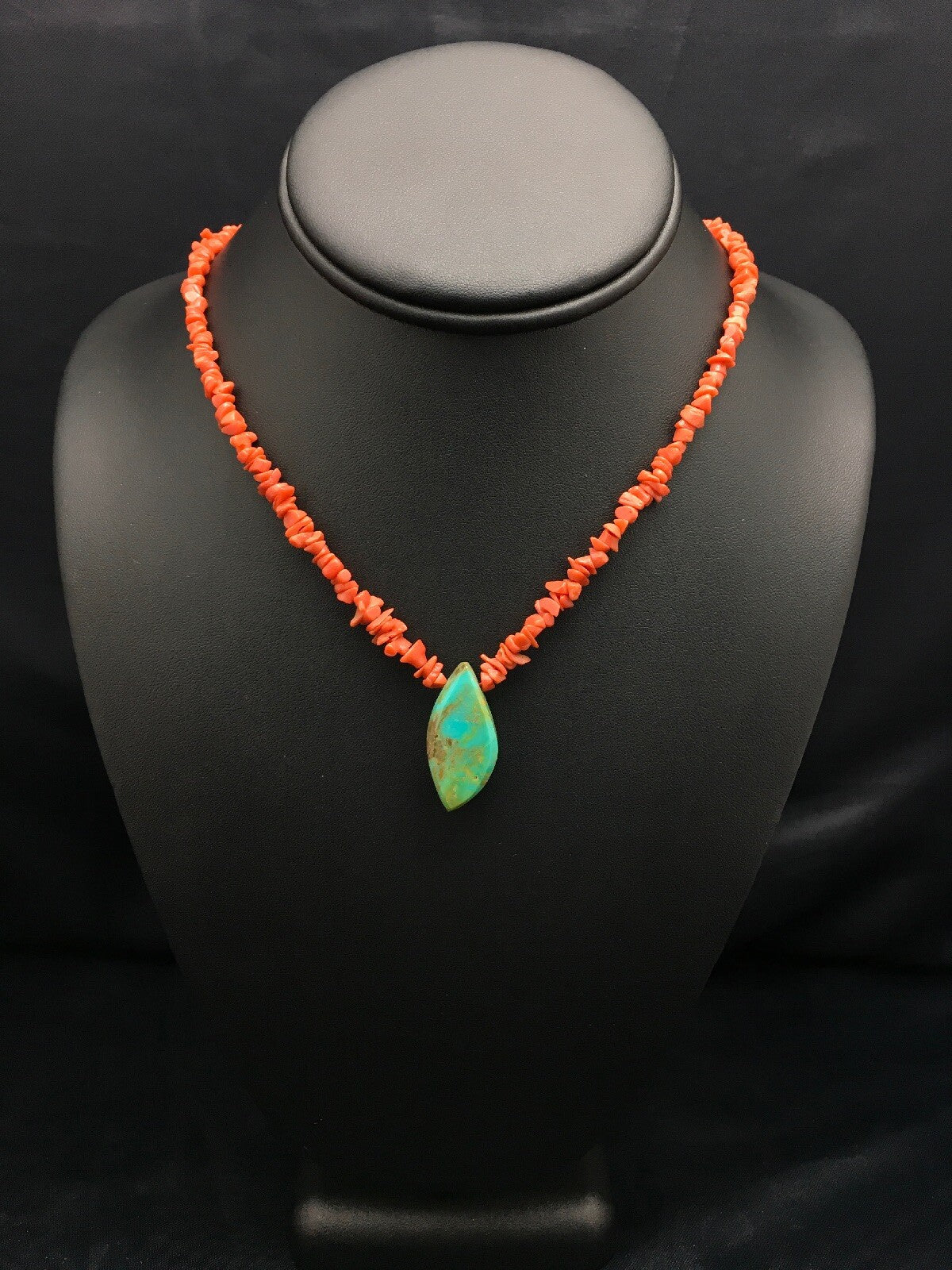 Native American Turquoise Pendant Coral Brass Old Pawn Necklace 19" 04005