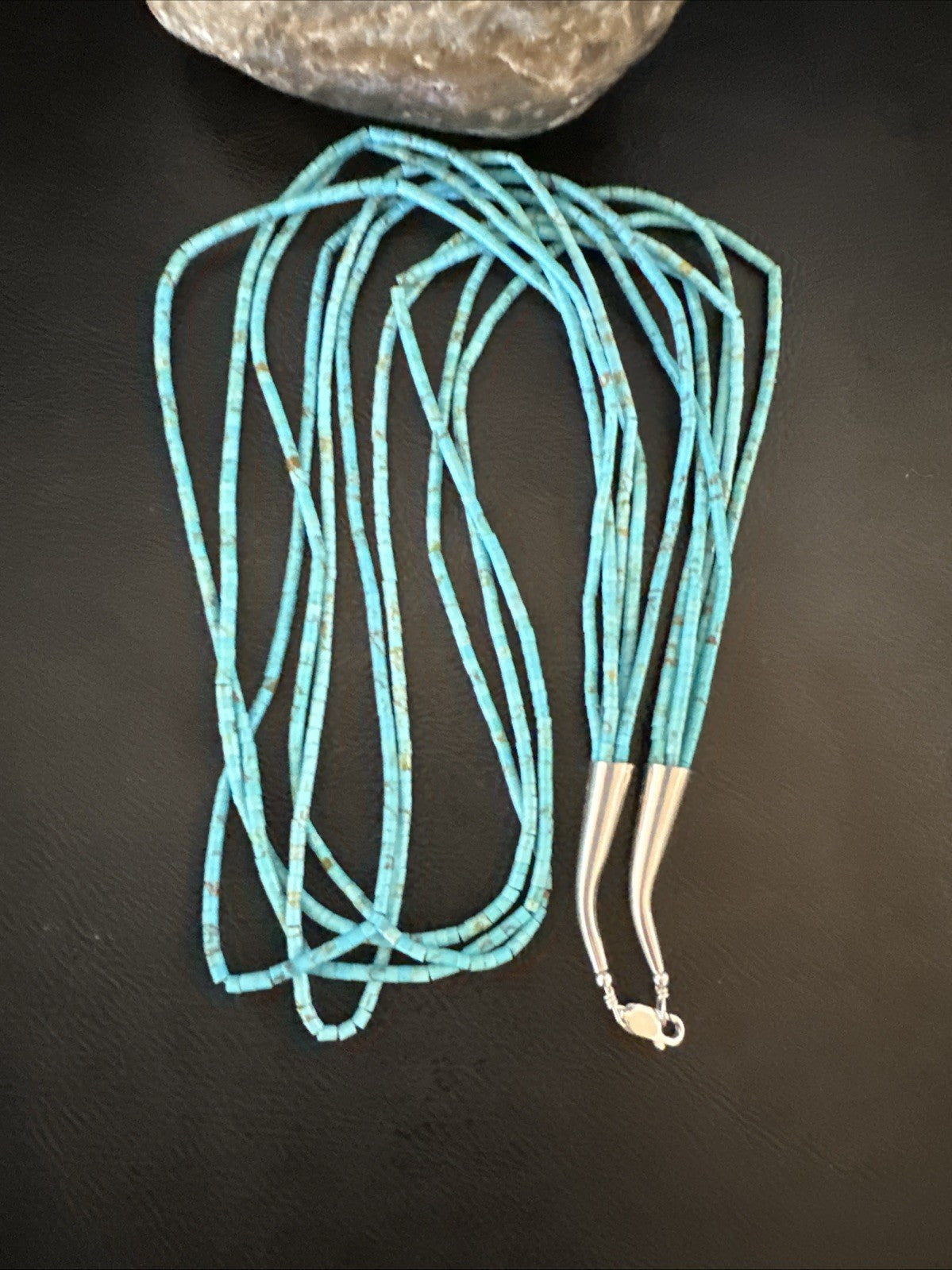 Native Blue Turquoise Heishi 5 Strand Sterling Silver Necklace 24” 19458