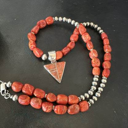 Navajo Apple Sponge Coral Sterling Silver Necklace Inlay Pendant 21” 18755