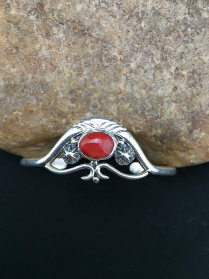 Native American Indian Coral Navajo Sterling Silver Cuff Bracelet 04747