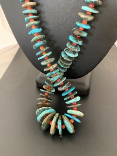 Navajo Natural Blue Turquoise & Spiny Oyster Necklace | | Graduated | 28" | 332
