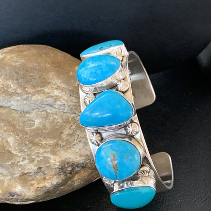 Kingman Turquoise Row Navajo Sterling Silver Cuff Bracelet 1410