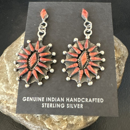 Red Coral Needlepoint Zuni Sterling Silver Dangle Earrings 19100