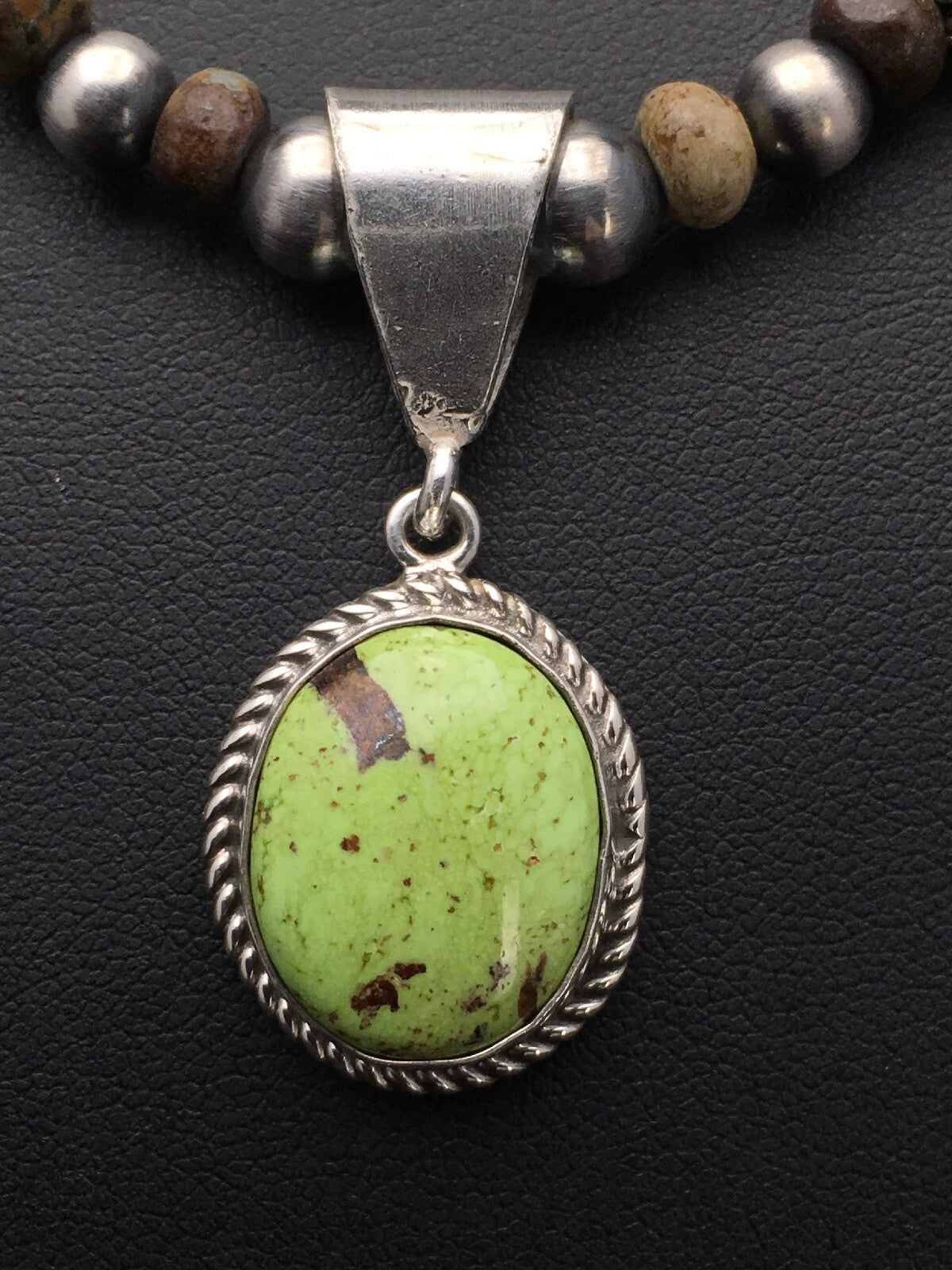Green Gaspeite Pendant Turquoise Navajo Sterling Silver Necklace 22" 2818
