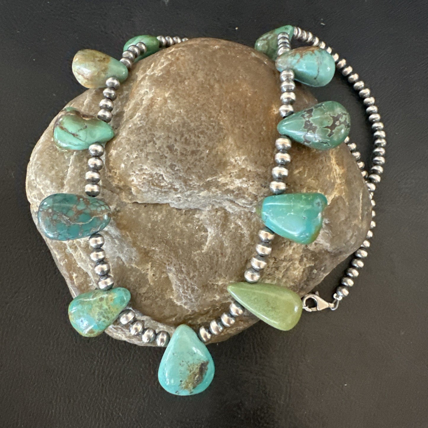 Navajo Pearls Silver Green Teardrop Turquoise Necklace 19015