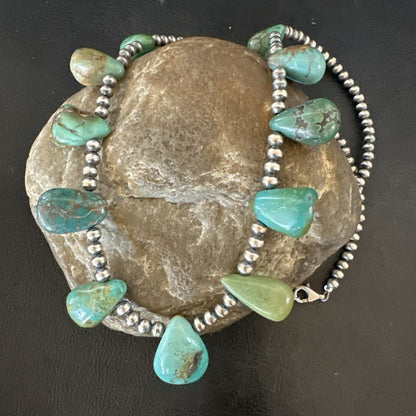 Navajo Pearls Silver Green Teardrop Turquoise Necklace 19015