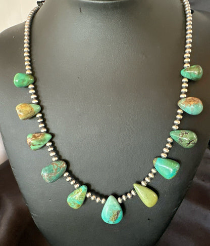 Navajo Pearls Silver Green Teardrop Turquoise Necklace 19015