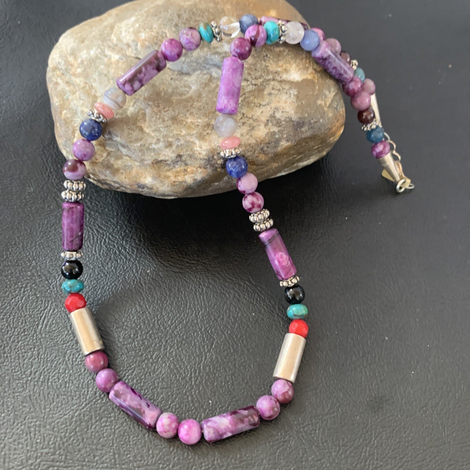 Turquoise Purple Stone & Coral Beads Navajo Sterling Silver Necklace 10391