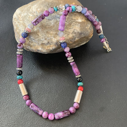 Turquoise Purple Stone & Coral Beads Navajo Sterling Silver Necklace 10391