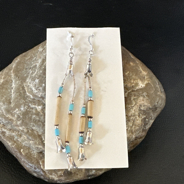 Blue Turquoise Shell Heishi Liquid Dangle Bead Earrings | Sterling Silver | Authentic Native American Handmade | 17934